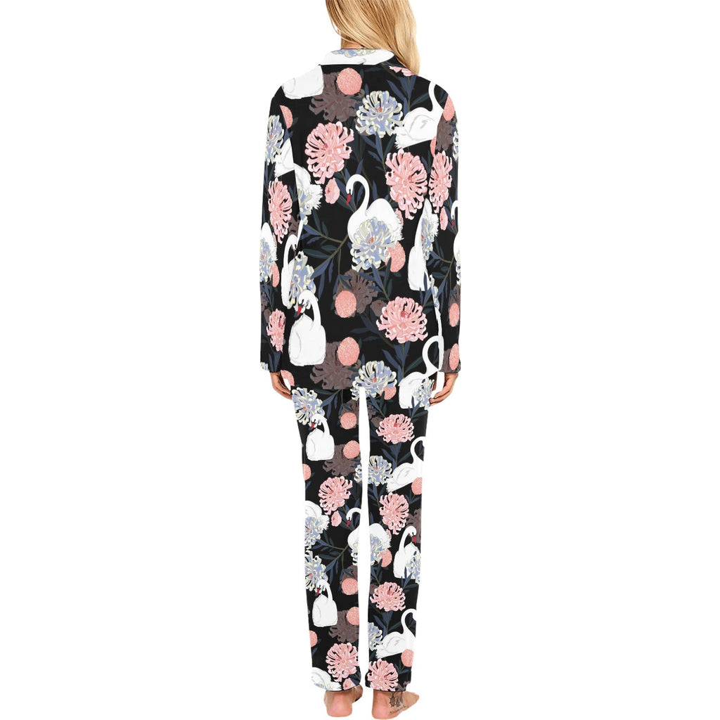 white swan blooming flower pattern Women's Long Pajama Set