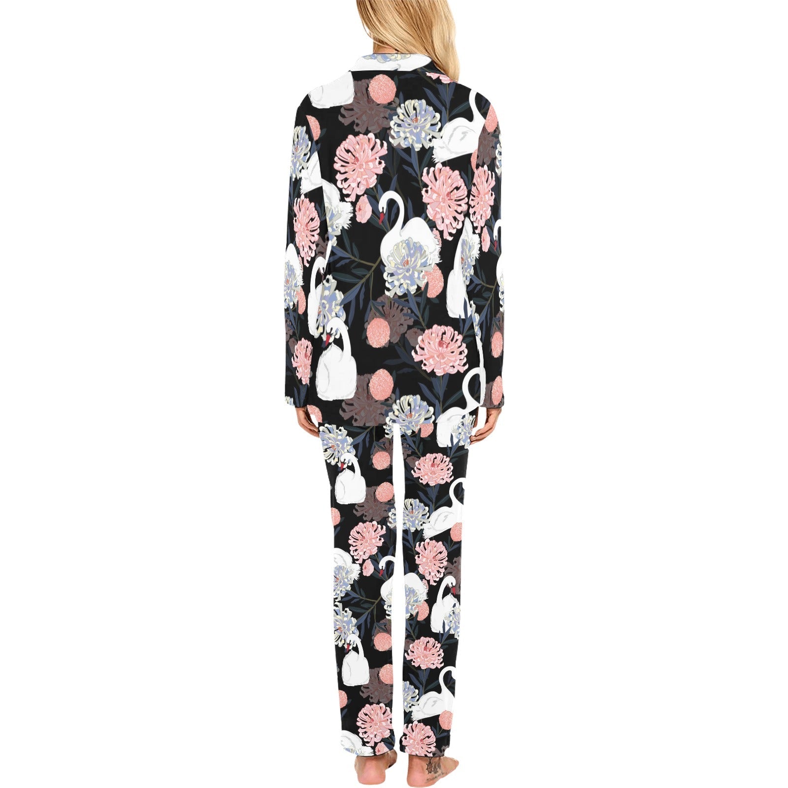 white swan blooming flower pattern Women's Long Pajama Set
