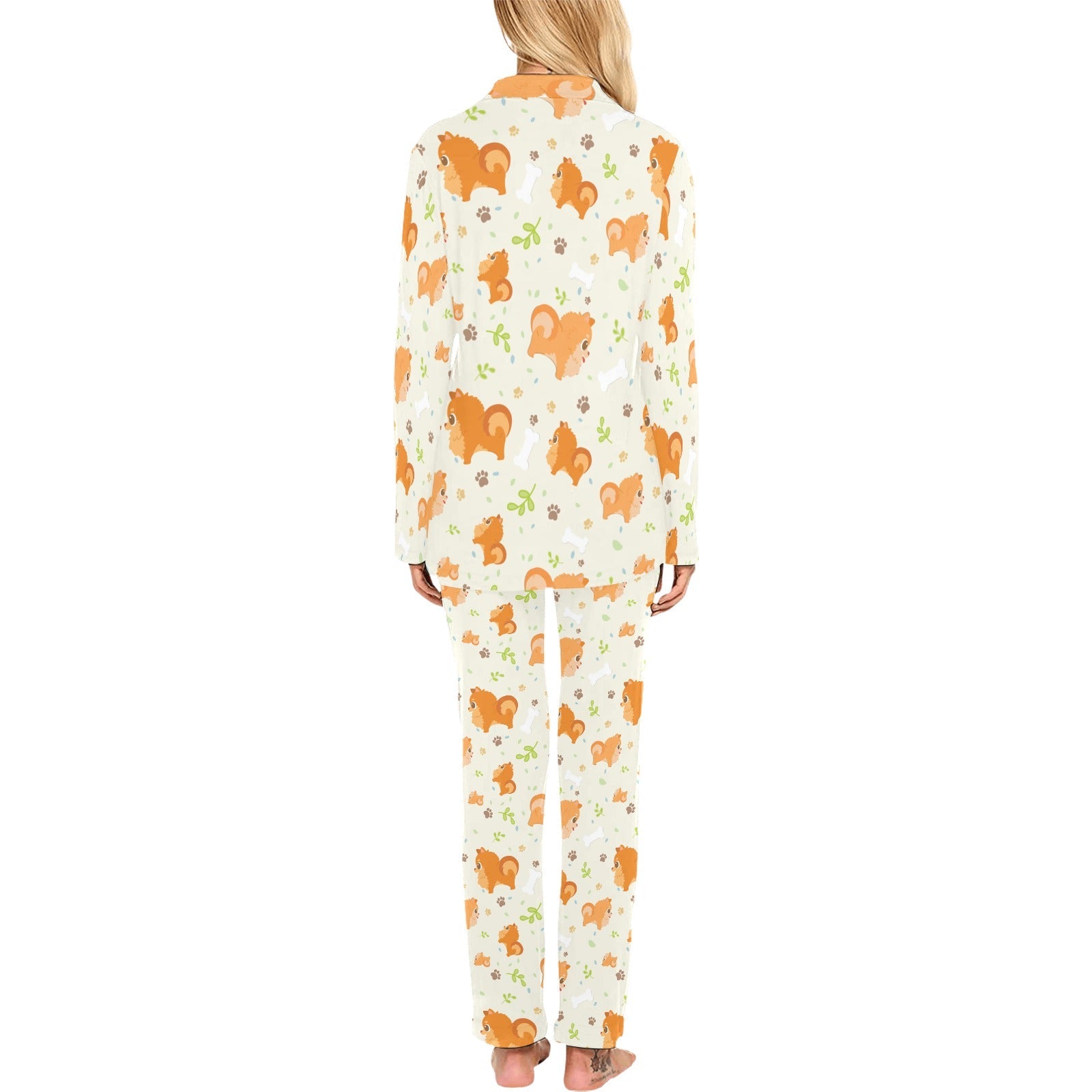 Cute brown pomeranian paw leave bone pattern Women's Long Pajama Set