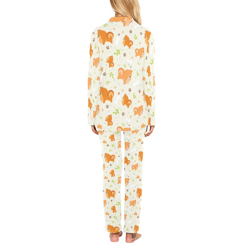 Cute brown pomeranian paw leave bone pattern Women's Long Pajama Set