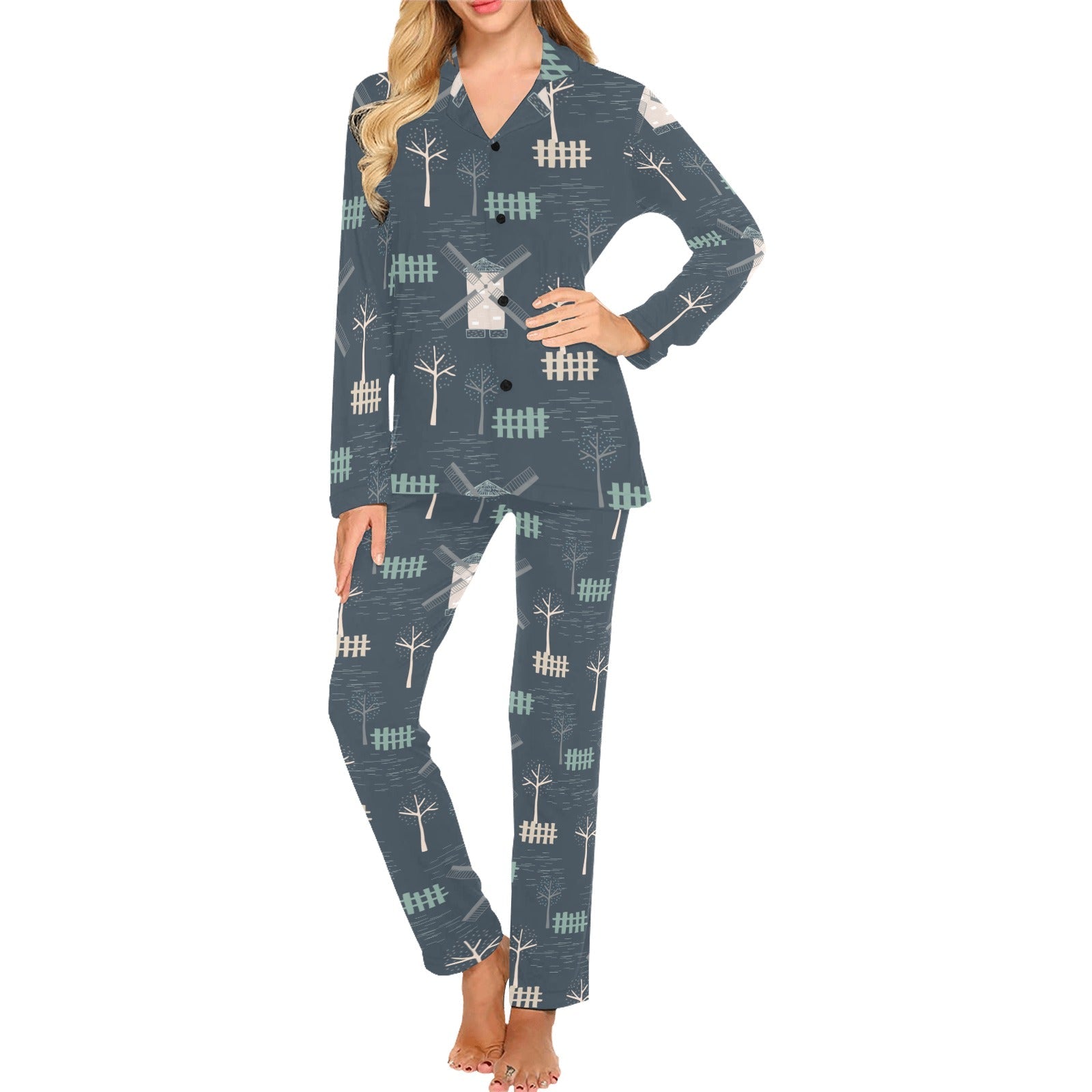 windmill tree pattern Women's Long Pajama Set