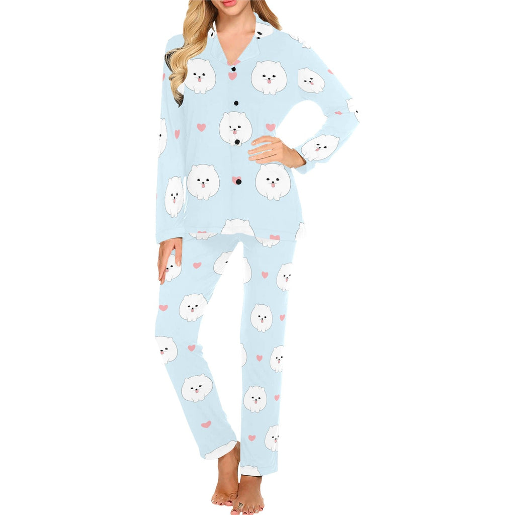White cute pomeranian pattern Women's Long Pajama Set