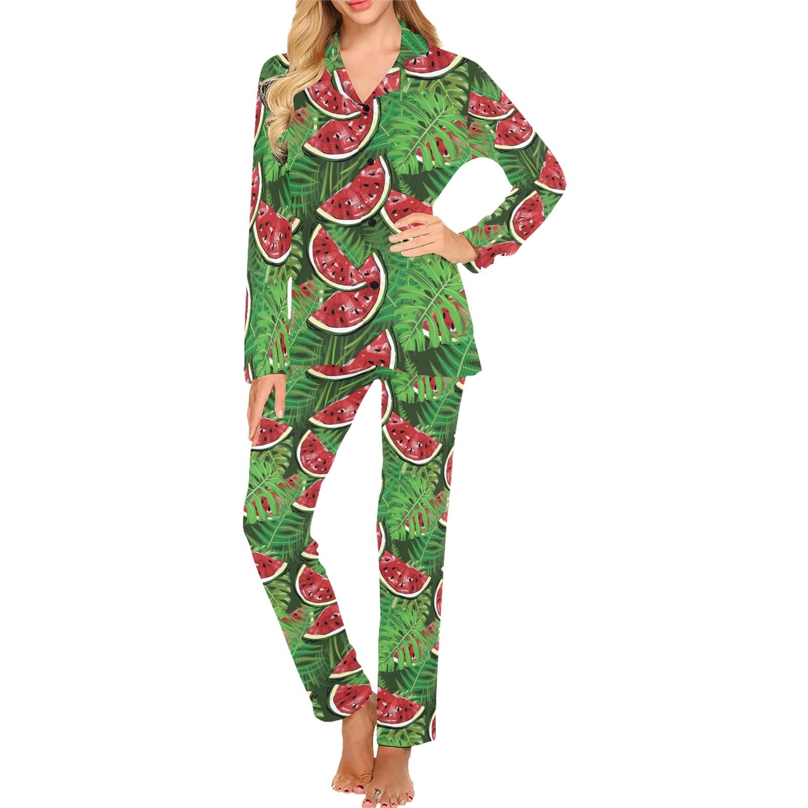 Watermelons tropical palm leaves pattern backgroun Women's Long Pajama Set