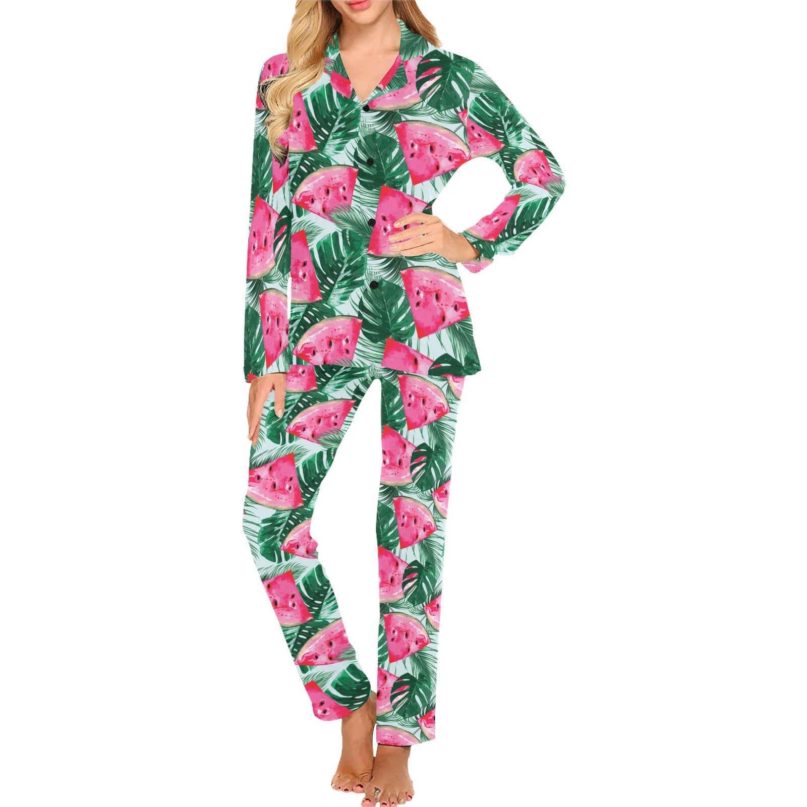 Watermelons tropical palm leaves pattern Women's Long Pajama Set