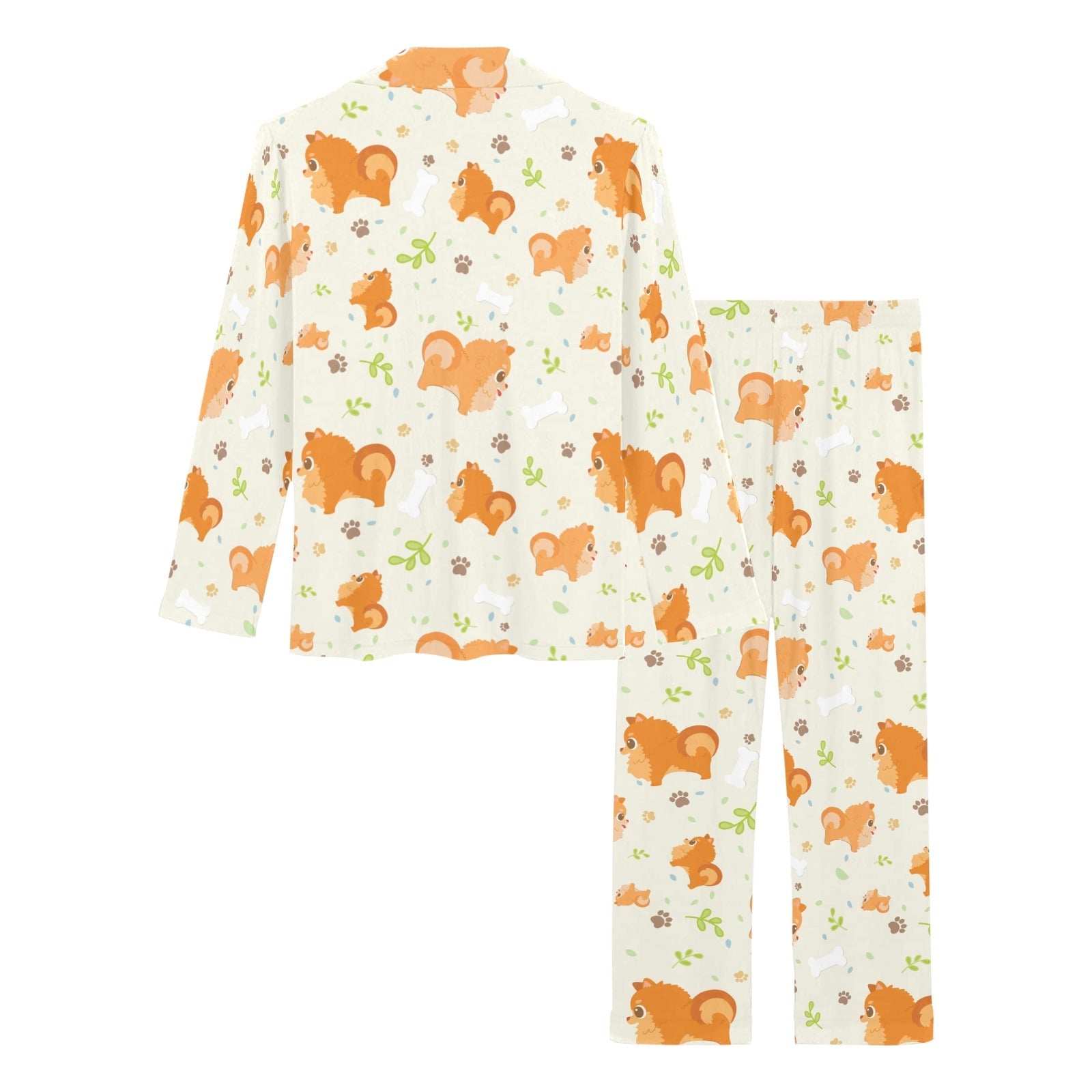 Cute brown pomeranian paw leave bone pattern Women's Long Pajama Set