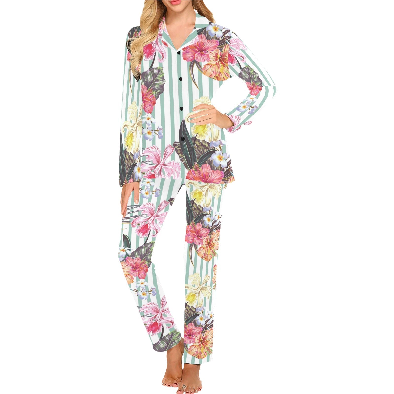 Colorful orchid flower pattern Women's Long Pajama Set