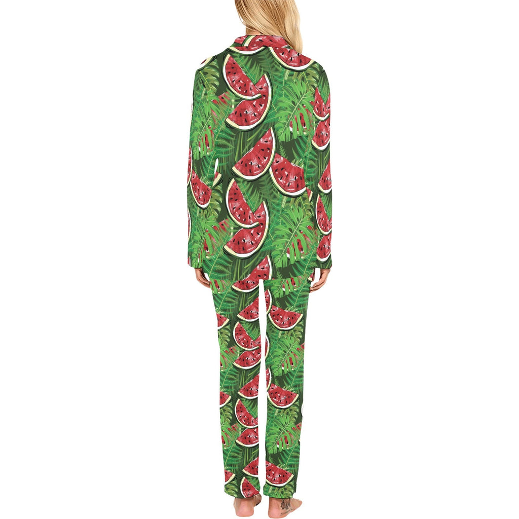 Watermelons tropical palm leaves pattern backgroun Women's Long Pajama Set