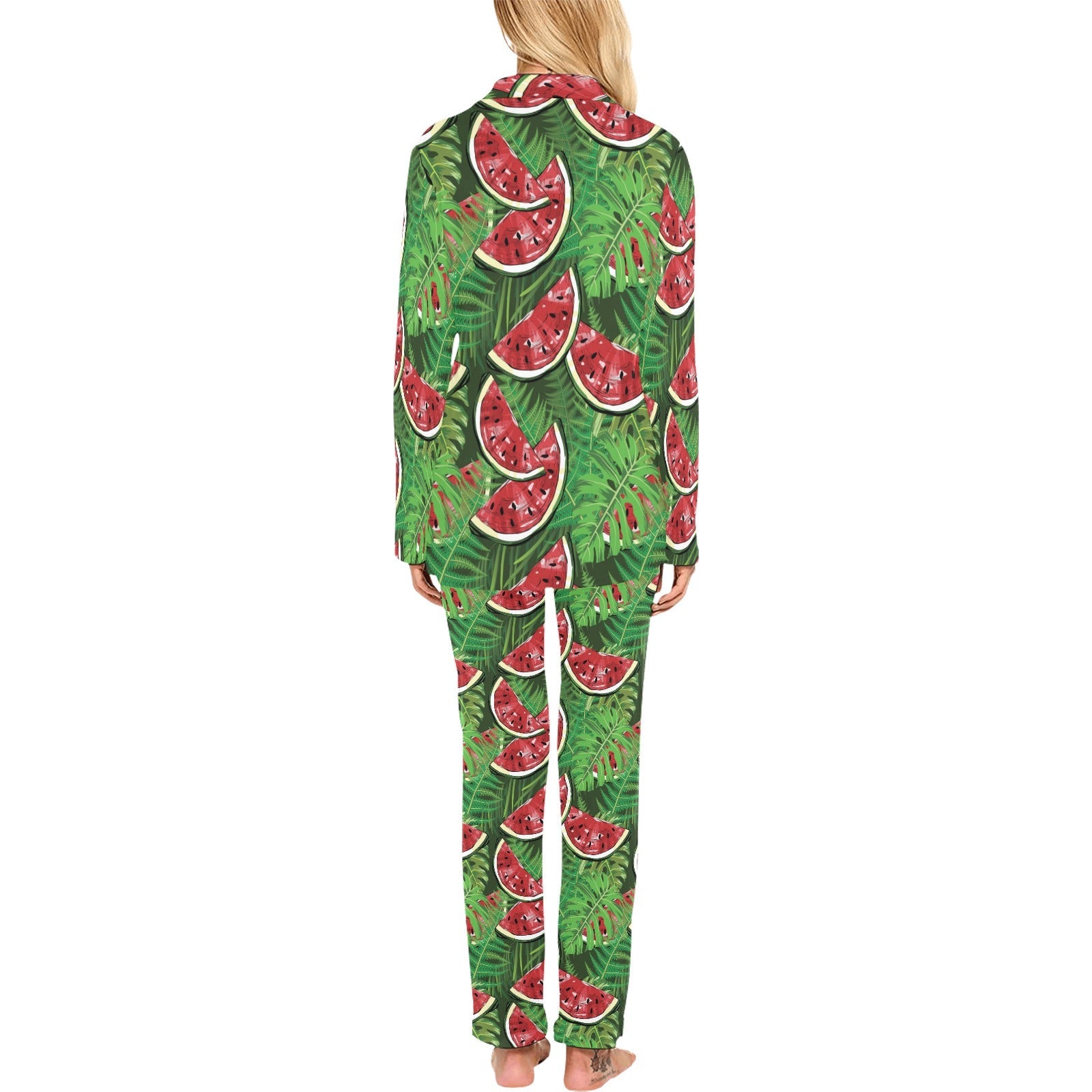 Watermelons tropical palm leaves pattern backgroun Women's Long Pajama Set