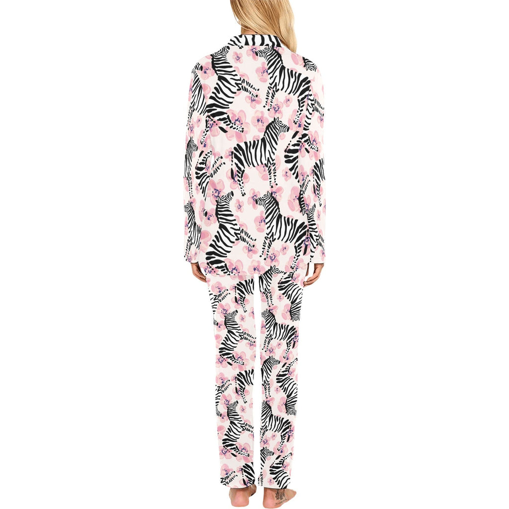 Zebra pink flower background Women's Long Pajama Set