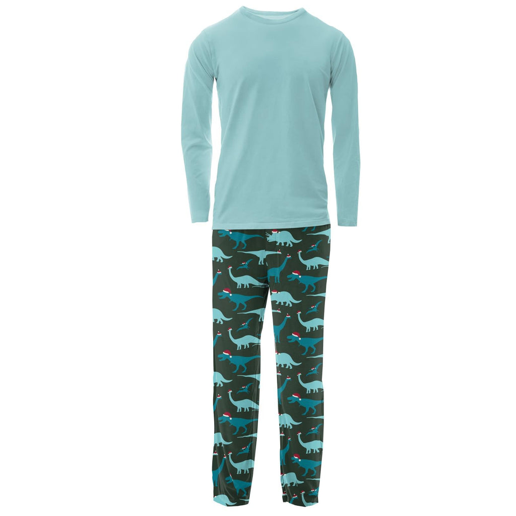 Men's Print Long Sleeve Pajama Set in Santa Dinos