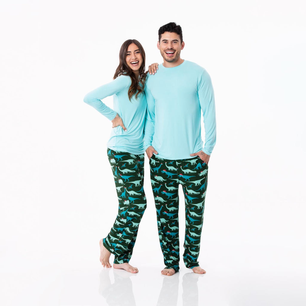 Men's Print Long Sleeve Pajama Set in Santa Dinos