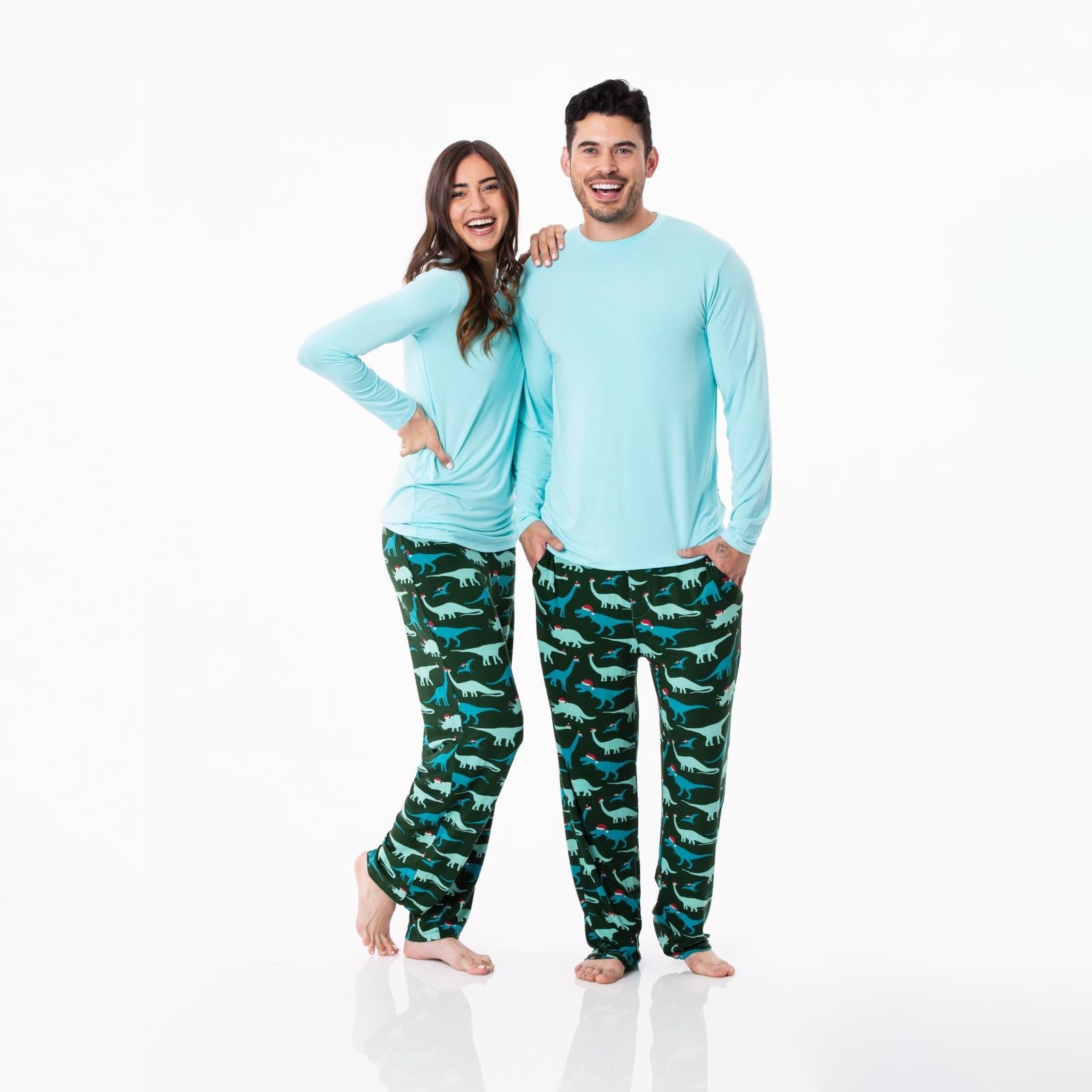 Men's Print Long Sleeve Pajama Set in Santa Dinos