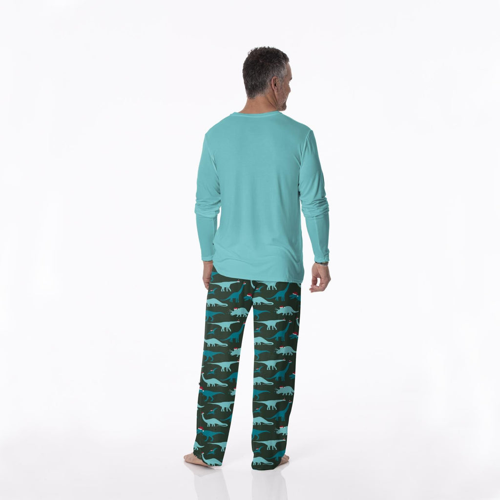 Men's Print Long Sleeve Pajama Set in Santa Dinos