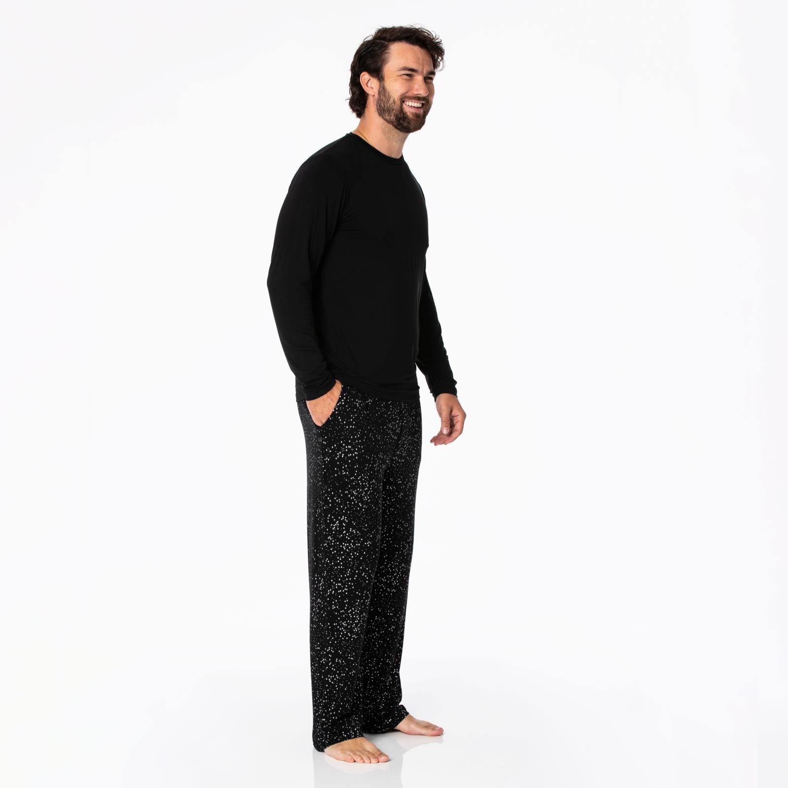 Men's Print Long Sleeve Pajama Set in Midnight Foil Constellations