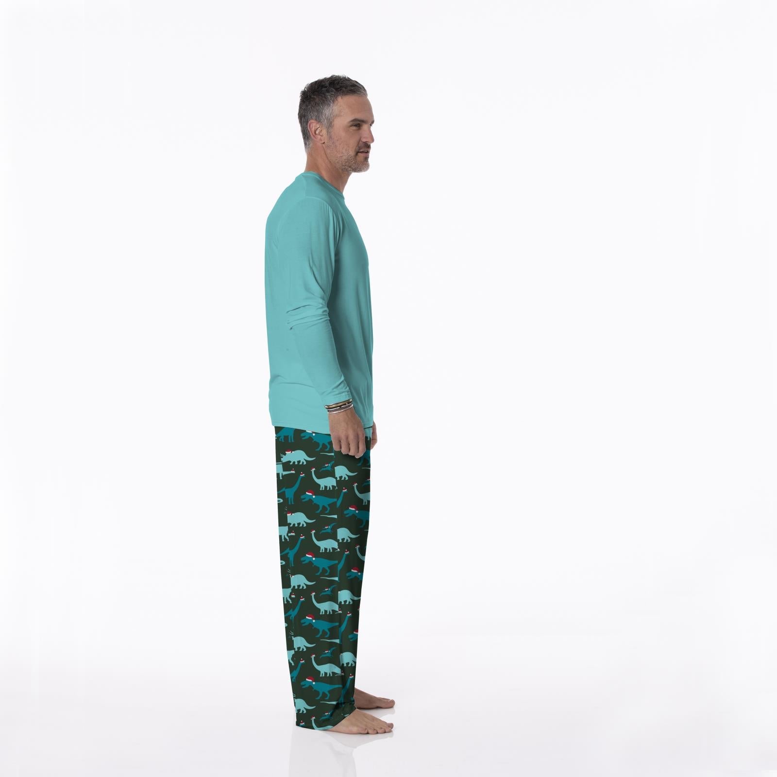 Men's Print Long Sleeve Pajama Set in Santa Dinos
