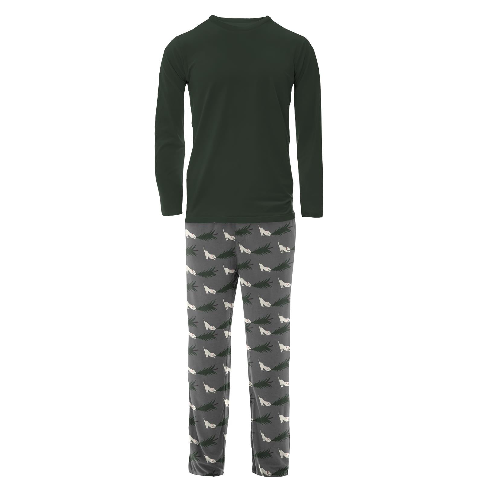Men's Print Long Sleeve Pajama Set in Pewter Christmas Tree Drag