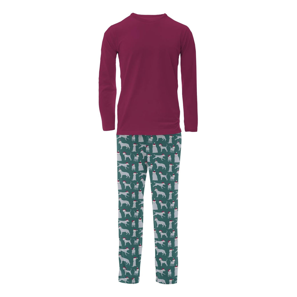 Men's Print Long Sleeve Pajama Set in Cedar Santa Dogs