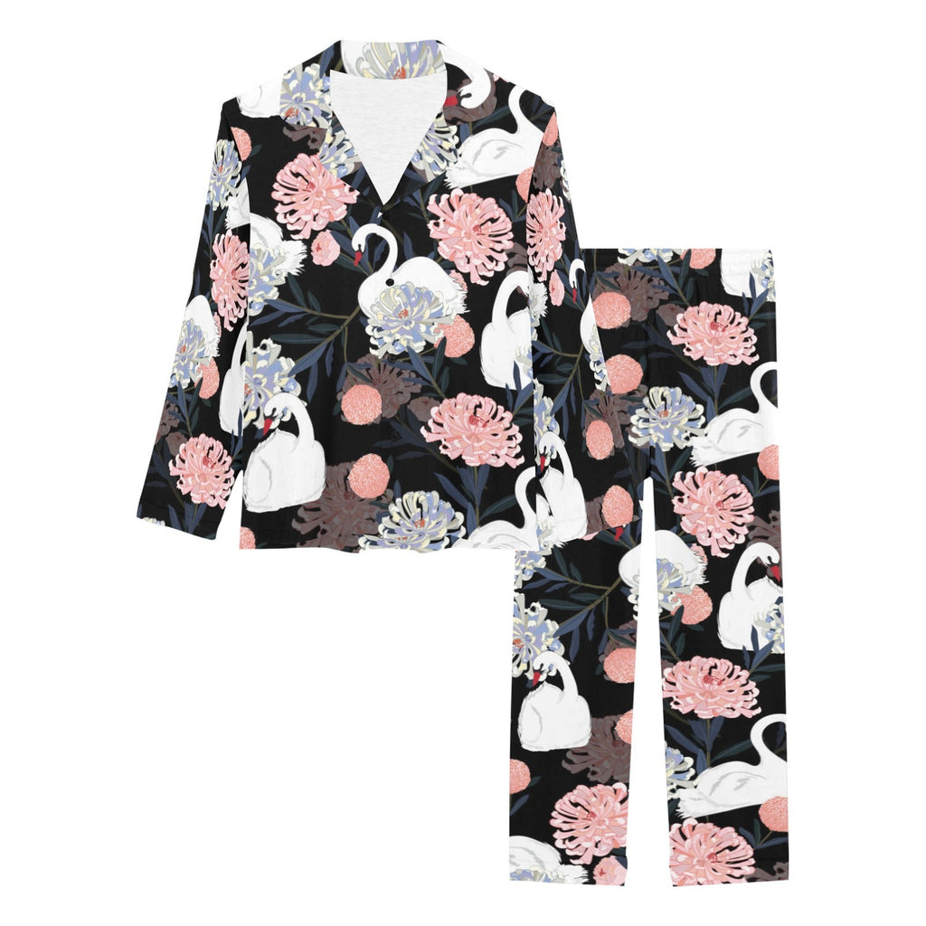 white swan blooming flower pattern Women's Long Pajama Set