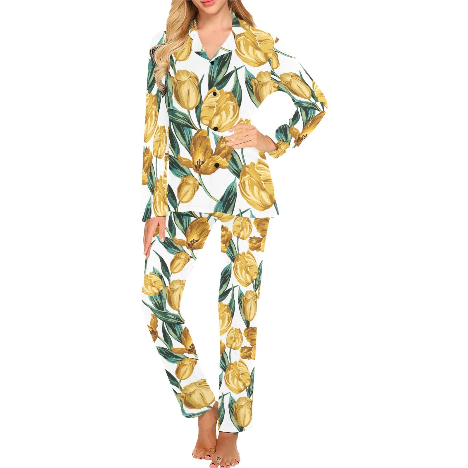 yellow tulips pattern Women's Long Pajama Set