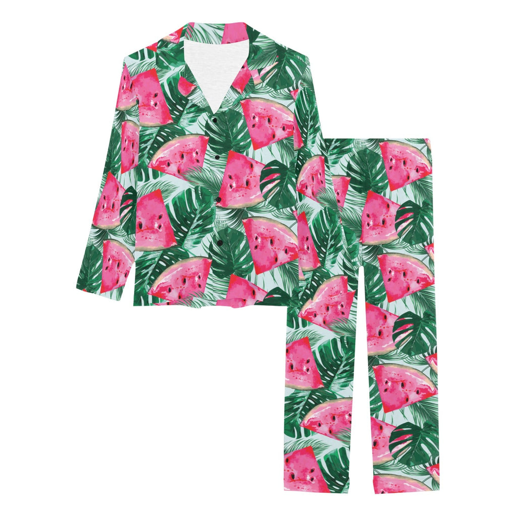 Watermelons tropical palm leaves pattern Women's Long Pajama Set