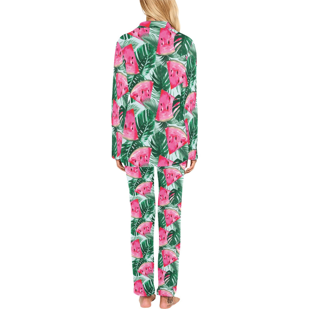 Watermelons tropical palm leaves pattern Women's Long Pajama Set