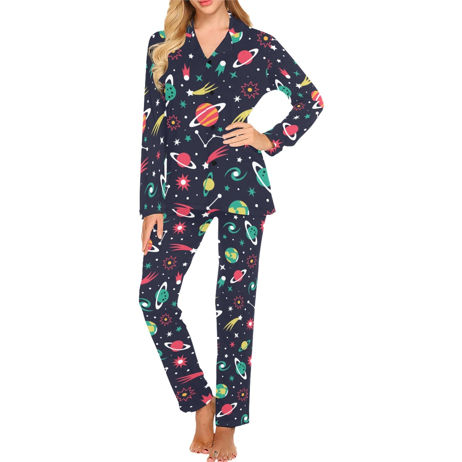 colorful space pattern planet star Women's Long Pajama Set
