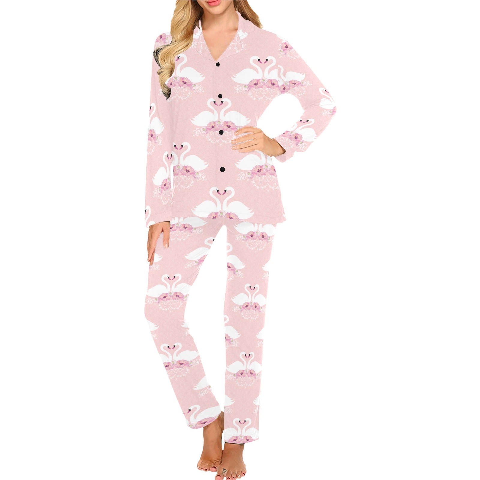 White swan and flower love pattern Women's Long Pajama Set
