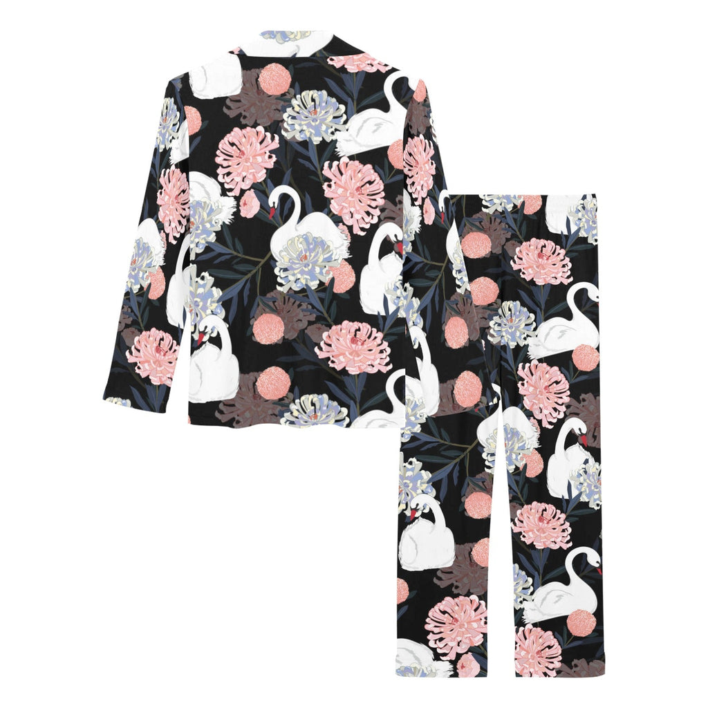 white swan blooming flower pattern Women's Long Pajama Set