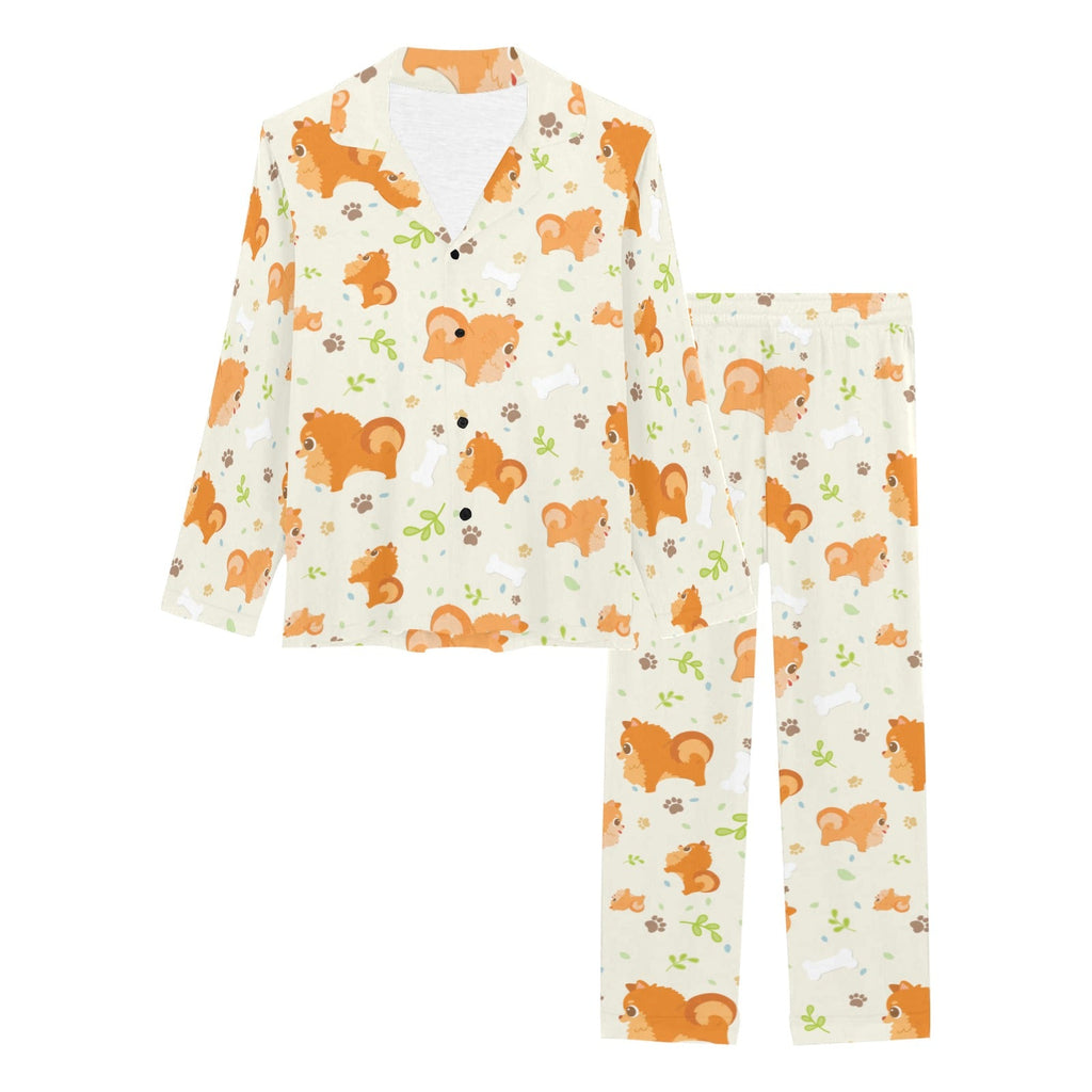 Cute brown pomeranian paw leave bone pattern Women's Long Pajama Set