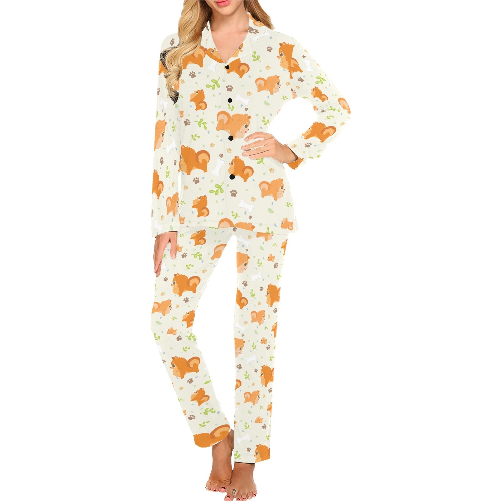 Cute brown pomeranian paw leave bone pattern Women's Long Pajama Set